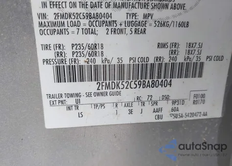 2009 Ford Flex Sel из США, поврежденный, VIN 2FMDK52C59BA80404